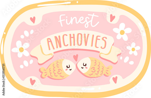 La Dolce Vita Finest Anchovies Tin Illustration, Kawaii Fish Packaging Clipart, Pink Coastal Kitchen Graphic