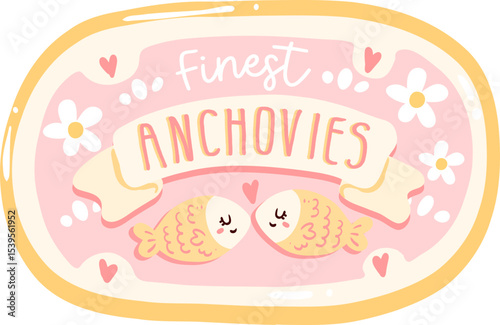 La Dolce Vita Finest Anchovies Tin Illustration, Kawaii Fish Packaging Clipart, Pink Coastal Kitchen Graphic