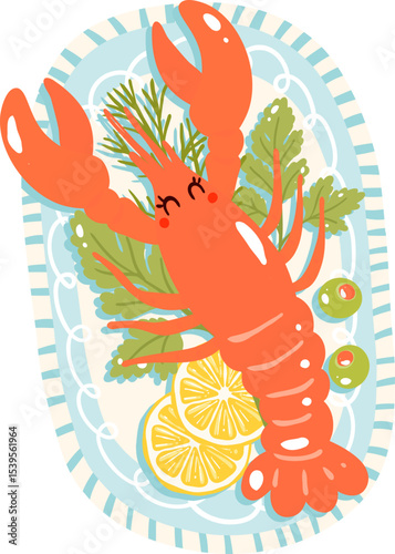 ute Lobster with Lemon on Plate Illustration, Kawaii Seafood Dinner Clipart, Coastal Ocean Graphic 