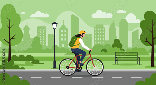 Woman Cycling in City Park Eco-Friendly Urban Commute Illustration