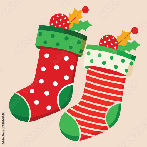 Two colorful Christmas stockings filled with holly and festive surprises.eps