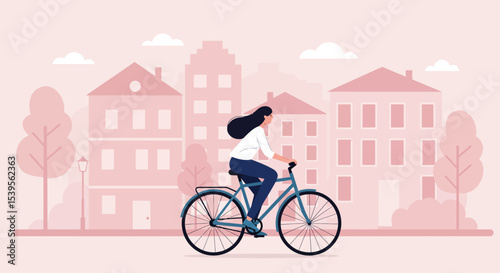 Woman Cycling Through City Streets Urban Commute Illustration