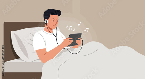 Relaxing Man Listening to Music in Bed with Tablet
