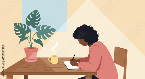 Woman Writing at Desk with Plant and Coffee