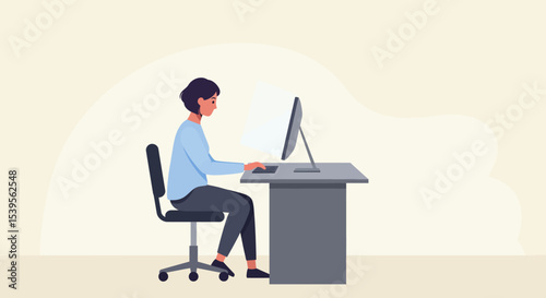 Woman Working at Desk, Computer Illustration