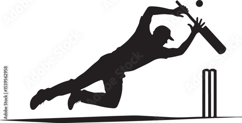 Cricket Batsman Silhouette Diving Action Sport Athlete Vector Illustration