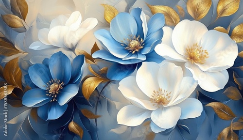 Floral art with blue and white blooms, gold accents