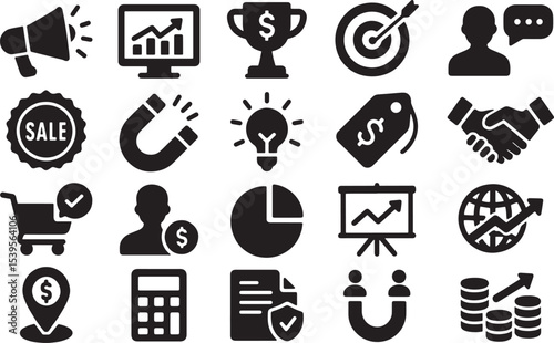 A collection of black and white business and finance icons, including sales, growth charts, trophies, targets, handshakes, shopping carts, pie charts, and global growth symbols, ideal for marketing, f