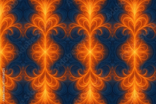 Abstract Seamless Fractal Wallpaper with Ornate Glowing Orange and Blue Patterns