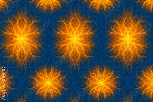 Abstract Seamless Fractal Wallpaper with Ornate Glowing Orange and Blue Patterns