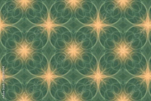 Seamless Tiled Digital Art with Symmetrical Slate Green and Peach Motifs and a Soft Natural Glow