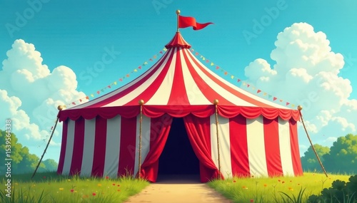Classic red-and-white striped circus tent, vector illustration , sign, red, circus tent vector