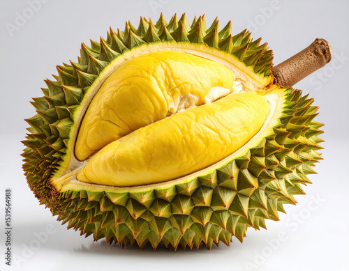 Durian fruit with spiky green shell and yellow flesh, known for its strong aroma and unique taste