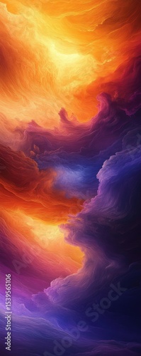 Vibrant, swirling clouds of fiery oranges, purples, and blues in a dynamic abstract sky