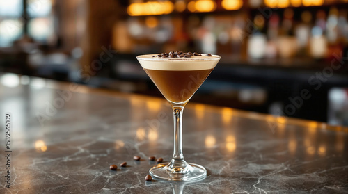 A Martini glass filled with espresso martini sits marble bar counter, garnished with coffee beans. background is softly blurred, creating cozy