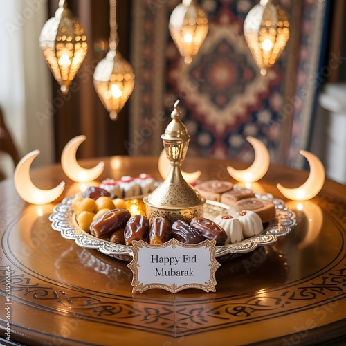 Festive Eid Mubarak Setting with Moon and Treats