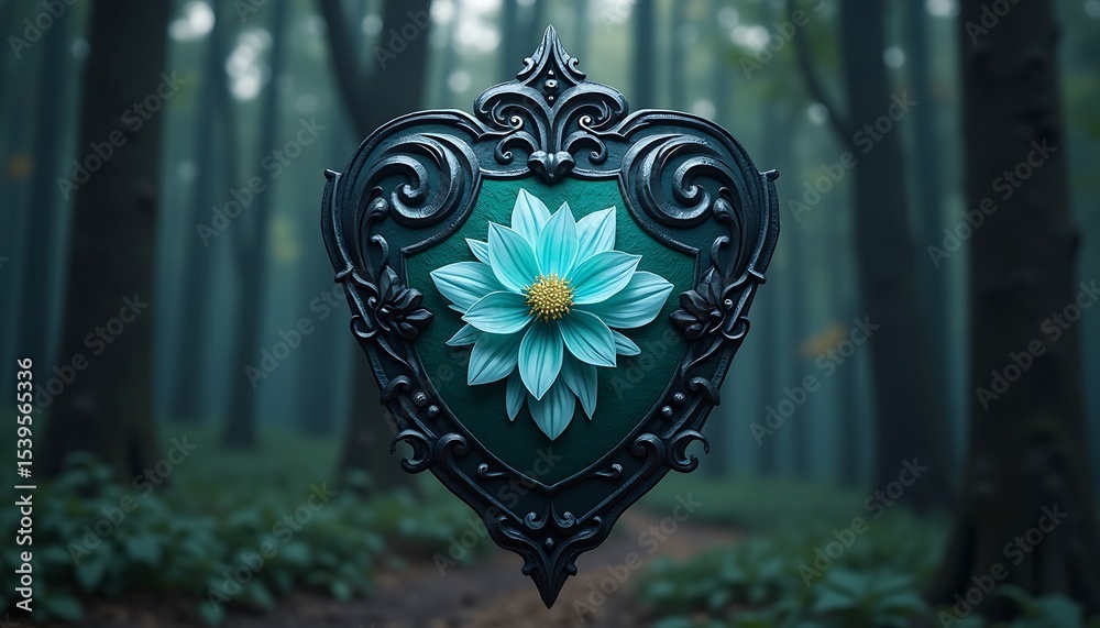 Fototapeta premium Decorative metal shield with blue flower emblem in misty forest setting