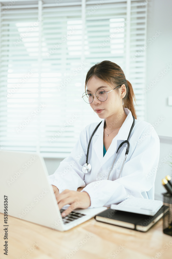 A professional female doctor, wearing a lab coat and stethoscope, sits at her desk with a tablet and clipboard, looking directly at the camera. A professional female doctor, wearing a lab coat and stethoscope, sits at her desk with a tablet and clipboard, looking directly at the camera.