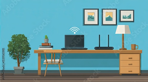Minimalist home office with strong Wi-Fi signal near a router