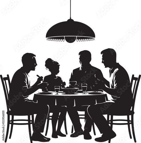Family Dinner Silhouette Around Table Sharing Meal and Conversation