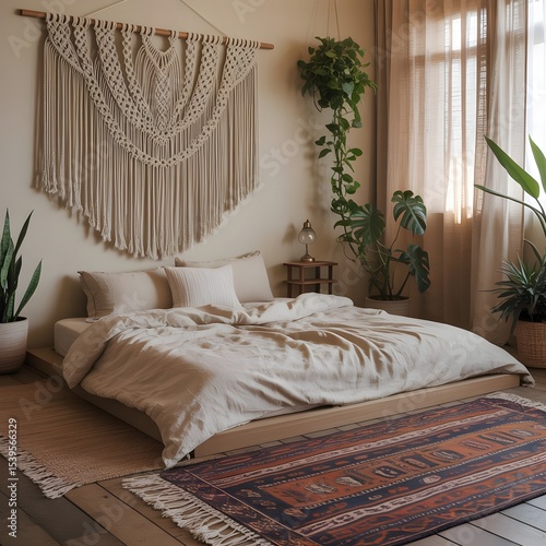 Elegant Bohemian Bedroom with Natural Decor and Bed
