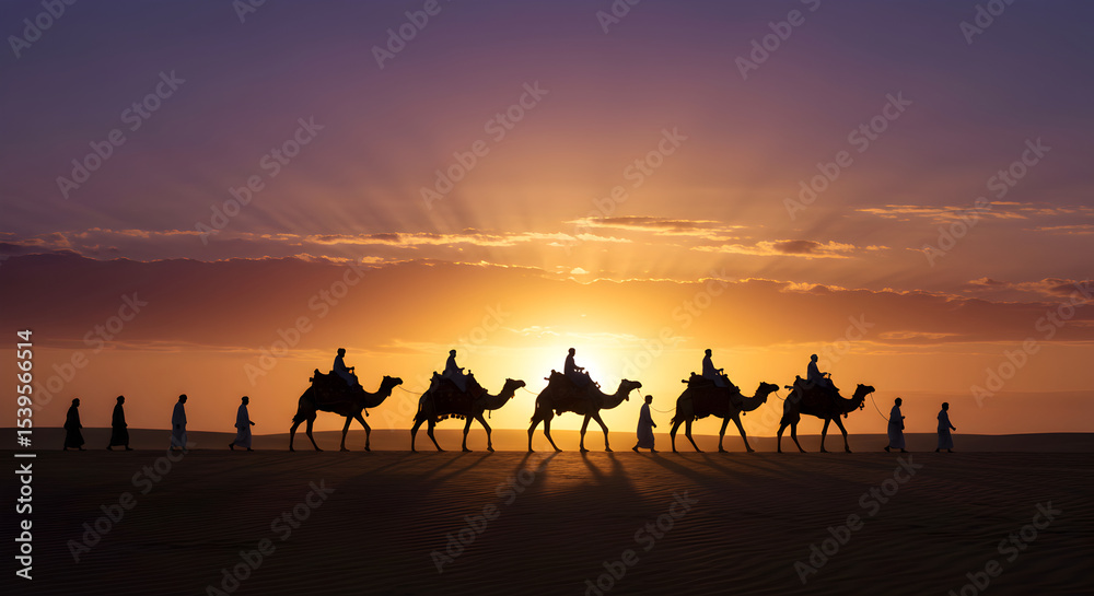 Fototapeta premium Sunset Camel Caravan Silhouette