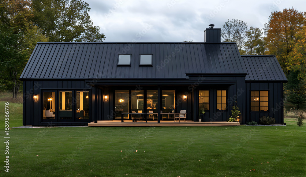 Obraz premium Modern black farmhouse home exterior night