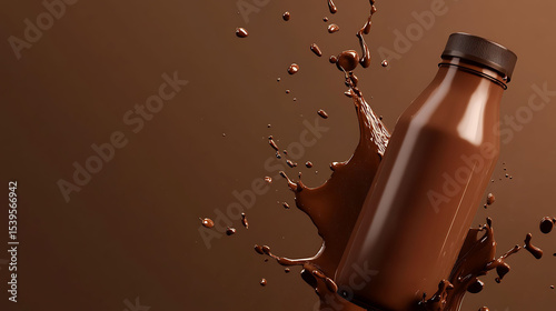 Premium chocolate drink bottle mockup with splash and brown tones
