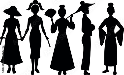 Group of women in different traditional silhouettes and positions in black
