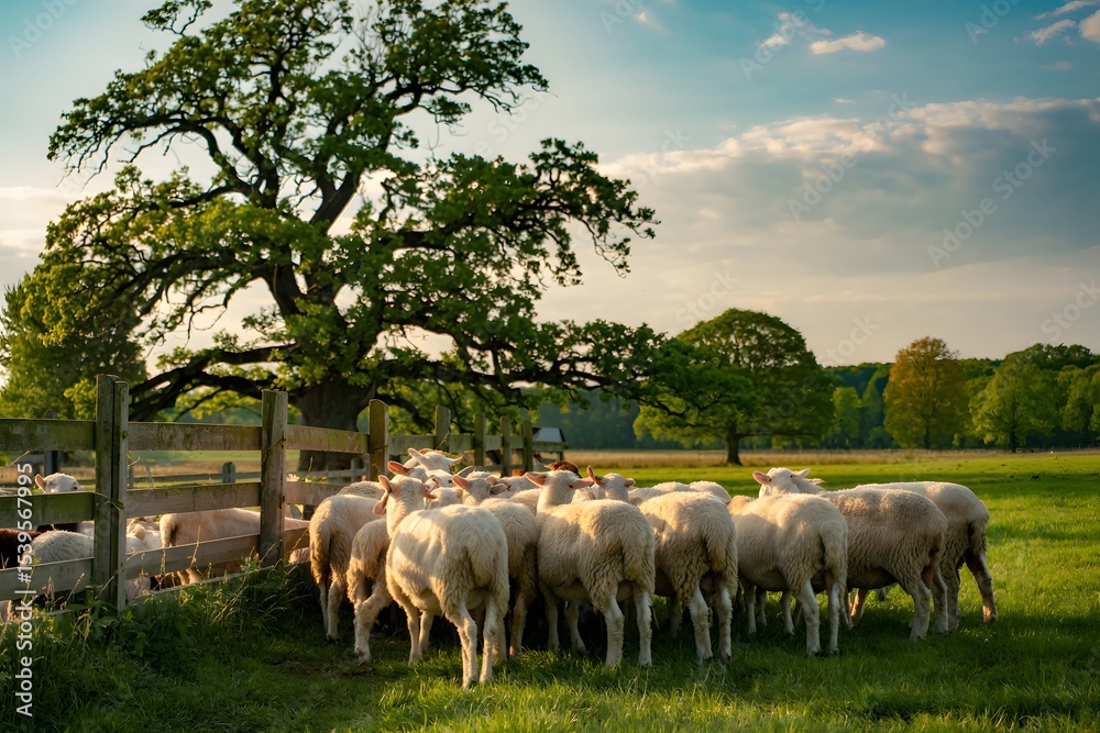 Fototapeta premium Flock of sheep in a pastoral field at sunset