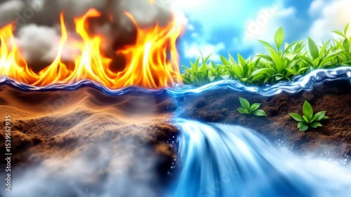 Elements Colliding Water Fire Earth and Plants Flowing Together