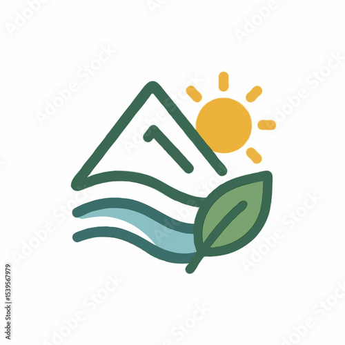 A mountain silhouette with a leaf in front, illuminated by the sun shining brightly behind them