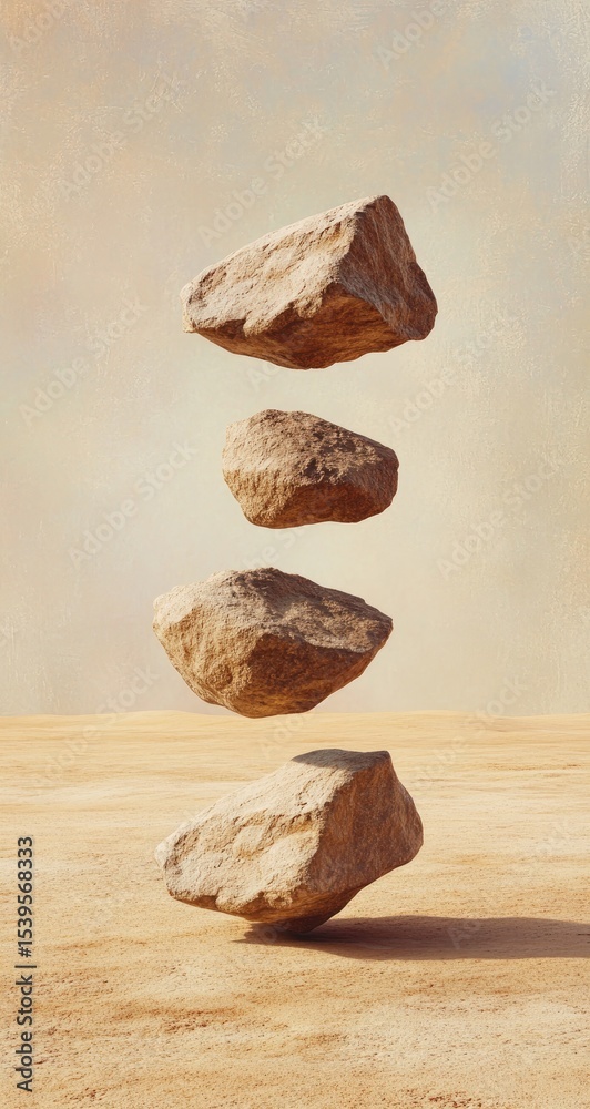 Naklejka premium Stones levitating in a desert landscape