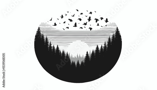 Black and white illustration of a forest with birds soaring above the treetops