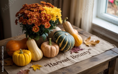 A festive autumn still life depicting gourds, flowers, and fall foliage arranged on a wooden table
