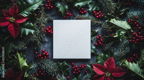 Festive flat lay showcasing seasonal flora with a blank card for your message