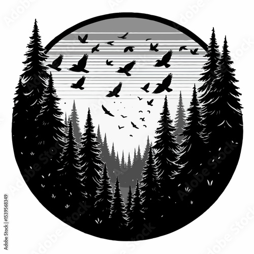 Black and white illustration of a forest with birds soaring above the treetops