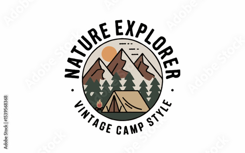 Retro camp-style logo showcasing a nature explorer surrounded by trees and mountains