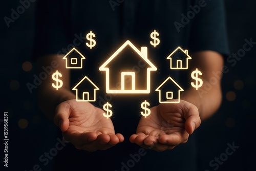 Hands Holding Glowing House Icons and Dollar Signs Representing Household Income, Property Investment, and Real Estate Wealth