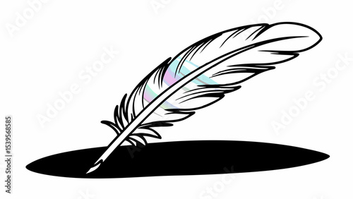 Illustration of a quill pen with black outline and shadow on a white background surface area created with generated ai