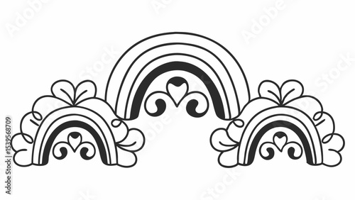 Stylized rainbow design with heart accents and decorative flourishes in black and white outline style created with generated ai