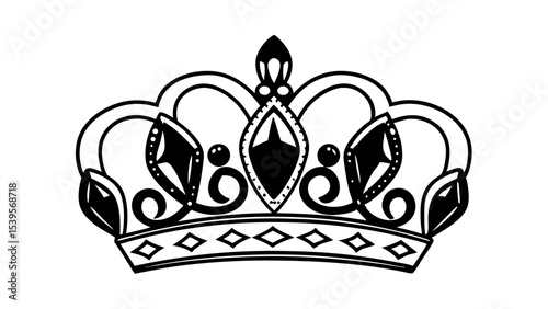 Illustration of a regal crown with ornate details and jewel embellishments in a black and white design created with generated ai