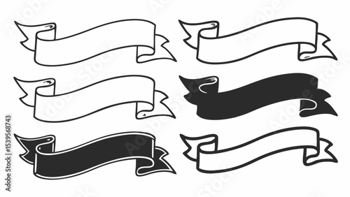 Illustration of six hand drawn banners in black and white with decorative edges and flowing shapes created with generated ai