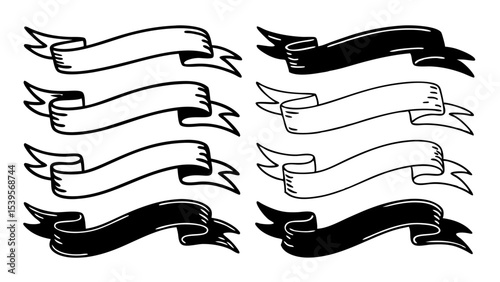 Collection of eight hand drawn style banners in black and white with curled ends and ribbon tails created with generated ai