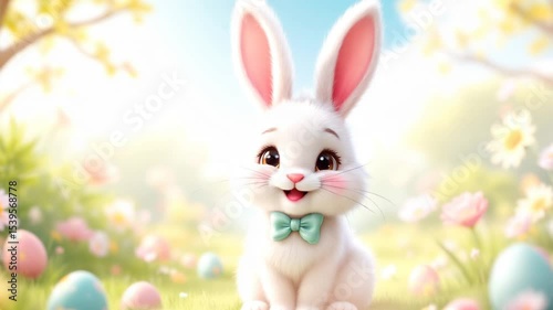 Cute Bunny Sitting in Flower Field with Easter Eggs Slow Motion