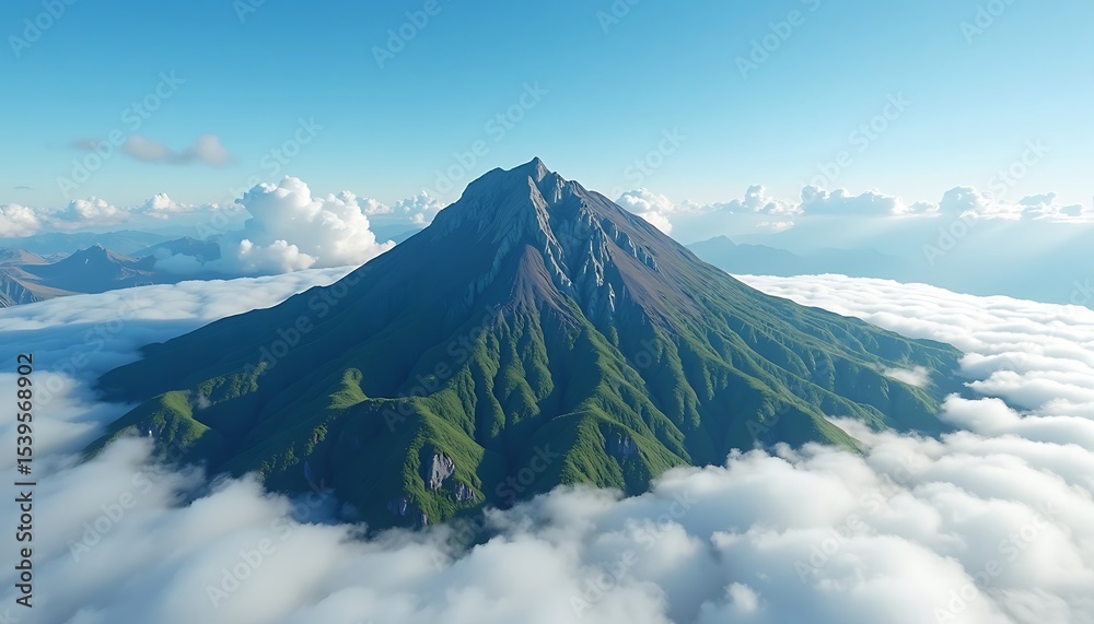 Fototapeta premium Aerial view of green mountain peak surrounded by clouds under blue sky
