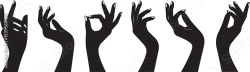 Elegant black silhouettes of female hands in various gestures