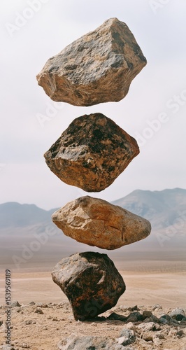 Four stones balanced vertically in desert
