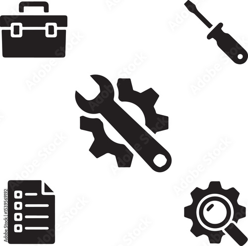 Black and White Illustration of Tools and Symbols Depicting Maintenance and Repair Services and Technical Expertise in a Vector Art Style