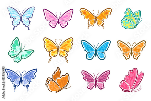 Set of cartoon butterflies, simple lines, decorative patterns, various shapes of wings and colors, vector design
